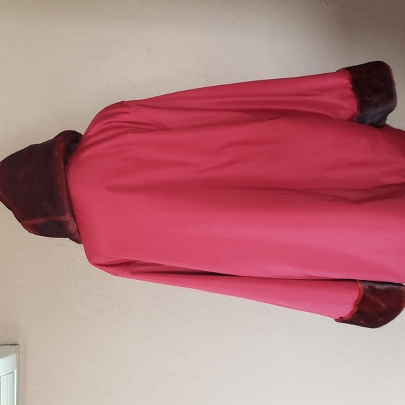 Dennis Basso Red Faux Fur Reversible Coat With Hood - Picture 7 of 9